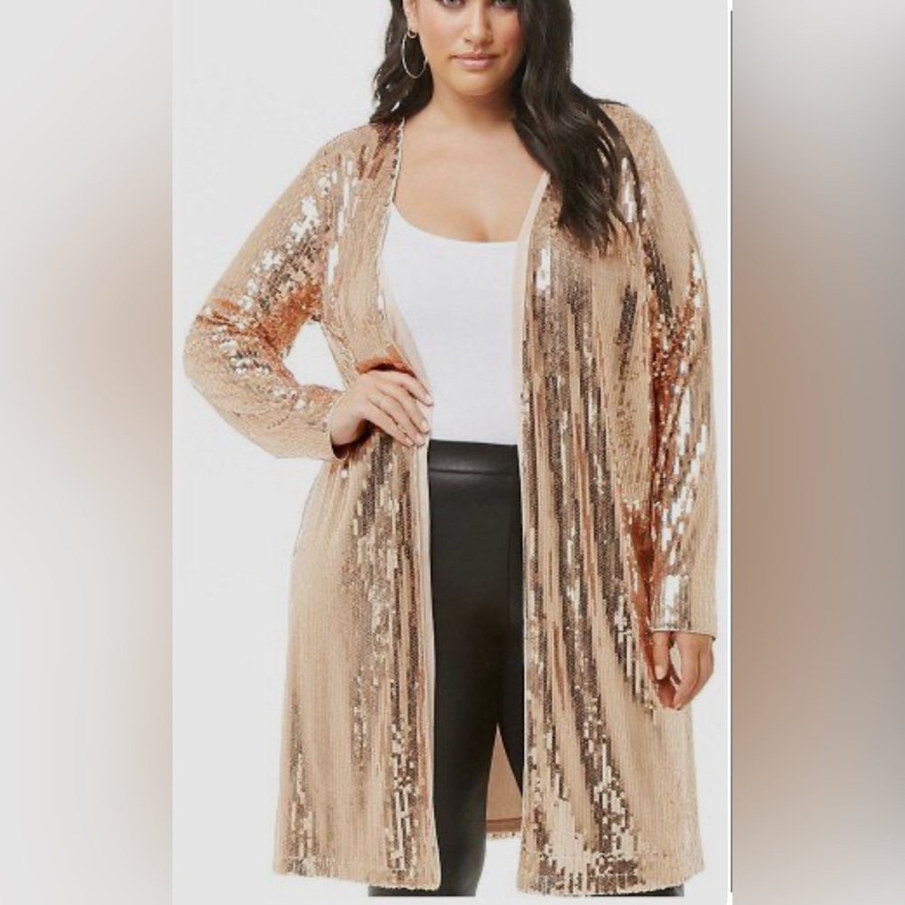 Forever 21+ - Rose Gold Sequin Long Jacket/Cardigan - Size 0X - Picture 2 of 6
